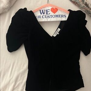 Frame Denim Black Velvet V-Neck Puff-Sleeve Top